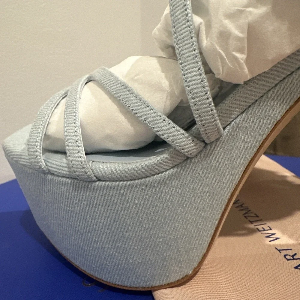 Stuart Weitzman EU 39/8.5B Barely There Sq Hi Platform Sandals Vint Light Denim
